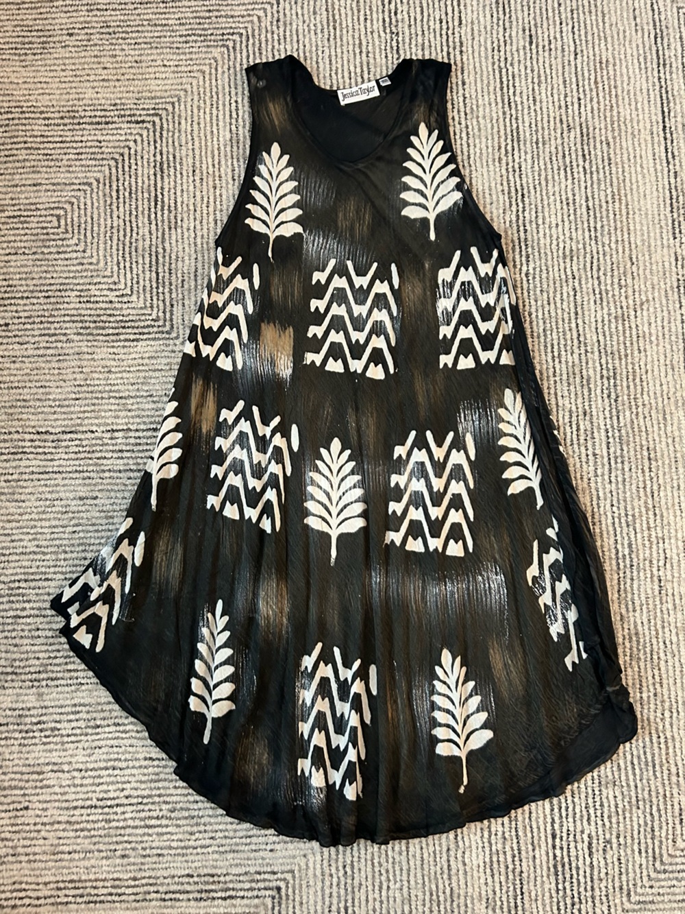 Jessica Taylor One Size Rayon Black Dress White Tribal Leaf Print Boho